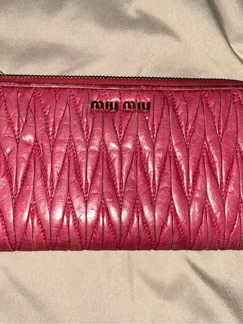 Miu Miu Matelassé Leather Zip Around Wallet – Berry Pink